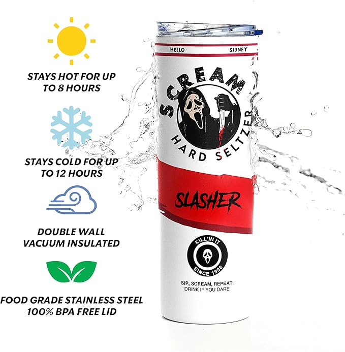 Scream Ghostface Tumbler, Hard Seltzer Themed, Scary Movie Horror Slasher Fan Gift, Insulated Travel Mug, Funny Novelty Gifts, Christmas Halloween Any Occasion, Coffee Drinker - 20 Oz