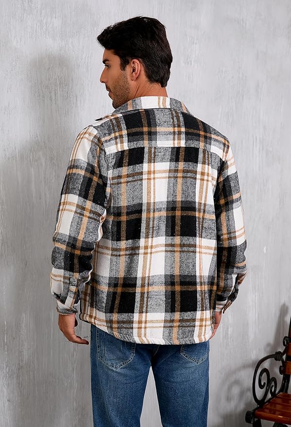 Men's Cotton Sherpa Lined Button Down Flannel Shirt Jacket Plaid Soft Outdoor Flannel Jacket Shirt