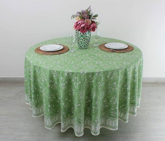 Ridhi Block Print Round Pear Green Reusable Tablecloth 100% Cotton 132" Inch Decorative Table Cover eveyday Dining, Home, Party, Wedding, Farmhouse Gift for Spring, Easter, Valentine