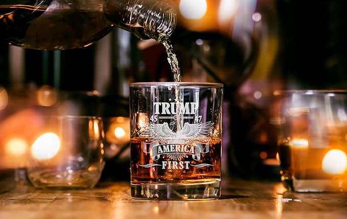 Donald Trump America First Whiskey Glass - Laser Engraved 11oz Old Fashioned Glass, Political Gift for Men, MAGA Merch, Right-Wing Collectible