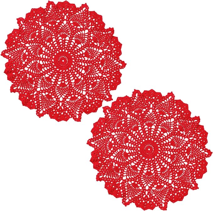 BIBITIME Lace Tablecloth Doily Handmade Crochet Placemat Women Vase Mat Kitchen Table Runner (2PCS- 18 in to 20 in, Red)