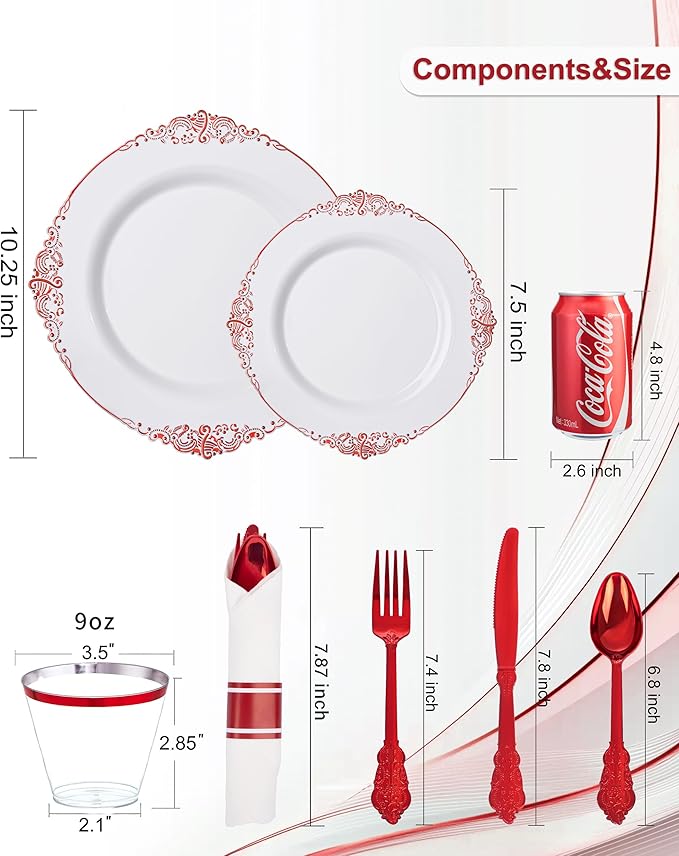 Nervure 350PCS Red Plastic Plates - White Red Plastic Dinnerware Set for 50 Guests - 100 Red Disposable Plates, 50 Pre Rolled Cutlery Set, 50 Cups Perfect for Wedding & Party & Valentine