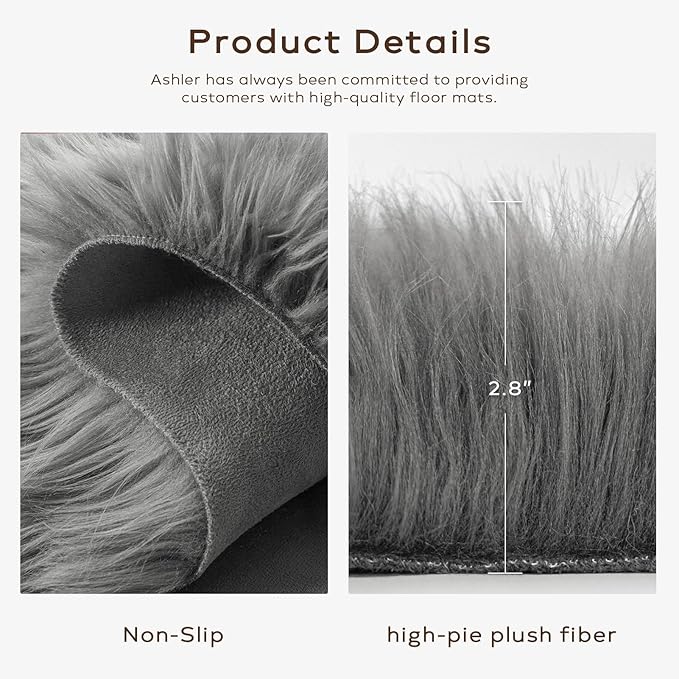 Ashler Faux Fur Rug, Fluffy Shaggy Area Rug, Ultra Soft 2 x 6 Feet Sheepskin Fur, Dark Grey Fuzzy Machine Washable Shag, Nursery Decor Throw for Bedroom, Kids Room, Living Room