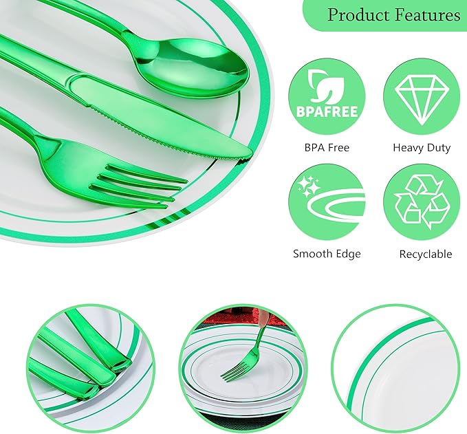 300PCS Green Dinnerware Set, 50 Guests White and Green Plastic Plates, Fancy Plastic Plate-50 Dinner Platos, 50 Dessert Platos, 50 Silverware Set, 50 Cups for Party Wedding
