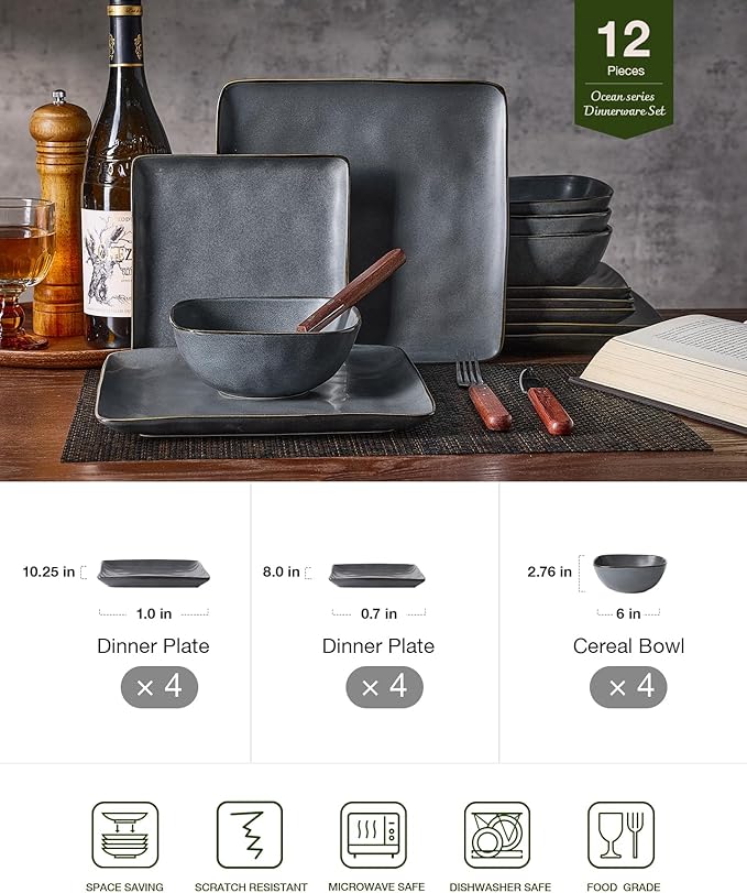 Famiware Dinnerware Sets for 4, Ocean Square 12-Piece Kitchen Plates and Bowls Sets, Microwave and Dishwasher Safe, Scratch Resistant, Matte Black