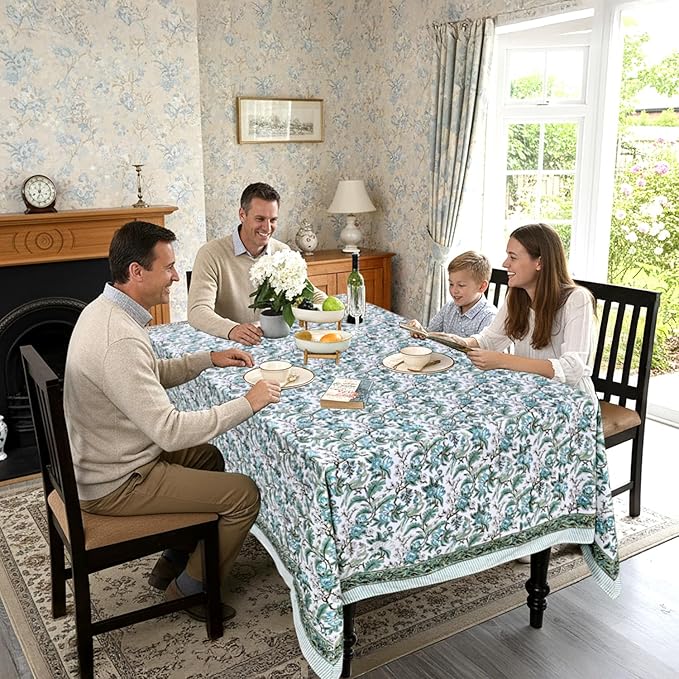 Ridhi Hand Block Print Sage Russian Green Rectangle Cotton Tablecloth 190" x 72" Reusable Table Cover Decorative Everyday Use for Dining, Farmhouse, Home Gift for Spring, Easter, Valentine