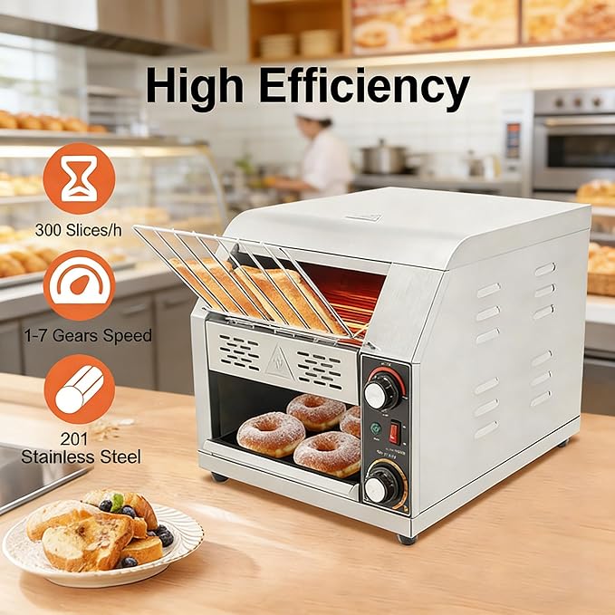 Commercial Conveyor Toaster, 1-7 Gears Electric Stainless Steel Restaurant Toaster Oven with Importing Grid & Crumb Tray Maximum Heating 300°C/572°F for Restaurants, Hotels