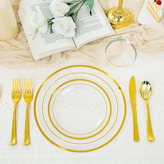 WELLIFE 600 PCS Clear Gold Disposable Dinnerware Set for 100 Guests — Elegant Gold rimmed Plastic Plates, Cups & Cutlery for Weddings, Receptions & Holiday Events, BPA-Free, Clear and Gold