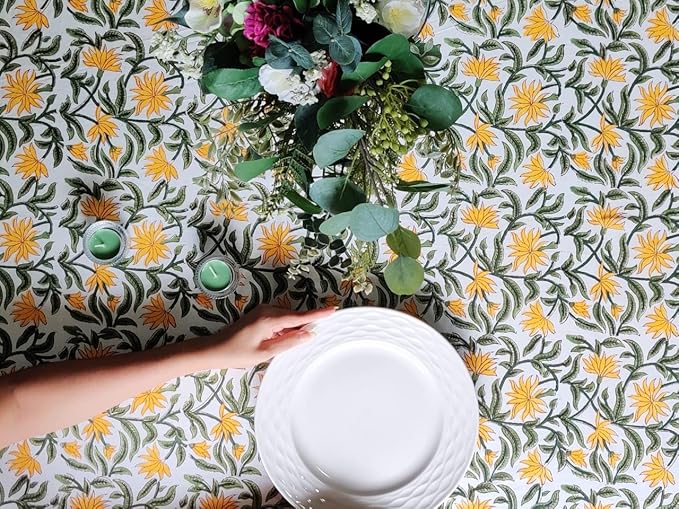 ATOSII Noor 100% Cotton Rectangle Spring Tablecloth, Handblock Floral Print Linen Table Cloth for Kitchen Dining I Parties, Outdoors, Weddings, Easter Holidays I 72 X 140 Inches I 12 Seater