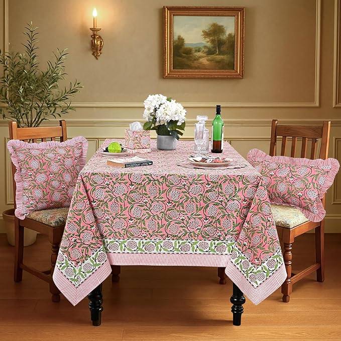 Ridhi Hand Block Print Strawberry Pink Rectangle Cotton Tablecloth 108" x 60" Reusable Table Cover Decorative Everyday Use for Dining, Farmhouse, Home Gift for Spring, Easter, Valentine