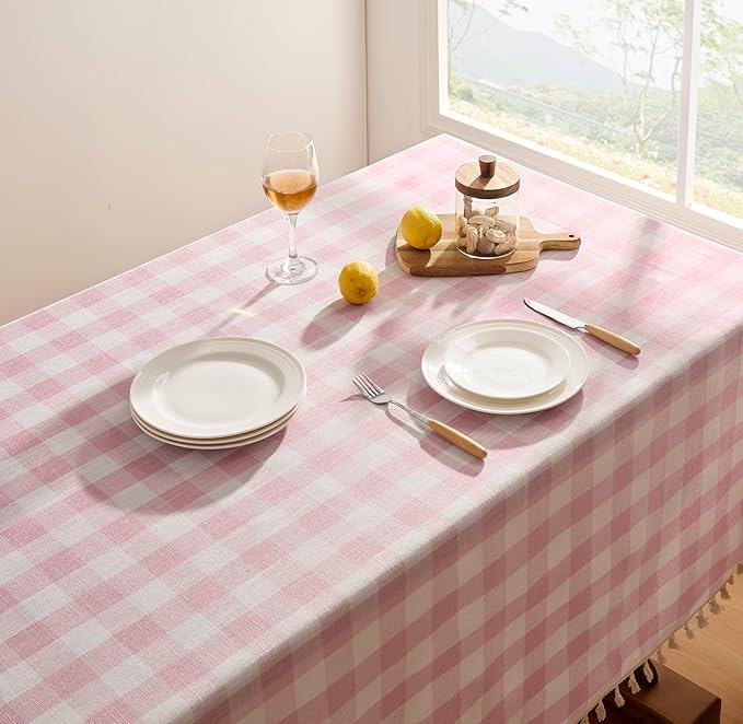 Softalker Valentines Pink Gingham Tablecloth Rectangle, Outdoor Linen Cotton Checkered Table Cloth with Tassel, Heavy Duty Wrinkle Free Plaid Table Cover for Easter Dining Spring Party - 55 x 120 Inch