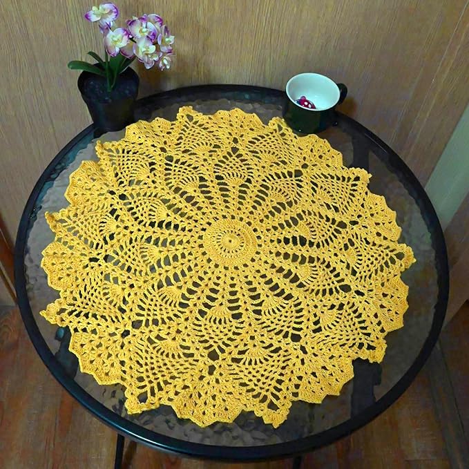 BIBITIME Lace Tablecloth Doily Handmade Crochet Placemat Women Vase Mat Kitchen Table Runner (2PCS- 18 in to 20 in, Yellow)