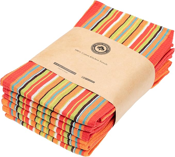 Mexican Kitchen Towels - 100% Cotton Southwest Dish Towels - 6 Pack, 28"x16", Reusable, Washable, Quick-Dry, Lint-Free, Red and Orange Colorful Tribal Theme Towels for Festive Feel (Red & Orange)