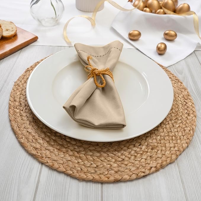 Blue Needles Set of 12 Hemstitch Linen Napkins 100% Cotton Beige Cloth Dinner Napkins 18x18 inches, Soft, Reusable, Absorbent, Washable, Ideal for Wedding Events, Parties & Everyday Use