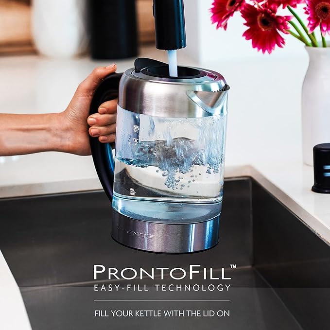 OVENTE Electric Kettle with 1.7L Borosilicate Glass, 1500W Instant Water Boiler and Heater for Coffee or Tea, BPA Free, Easy to Fill Lid, Auto Shut-Off and Boil Dry Protection, Silver KG612S
