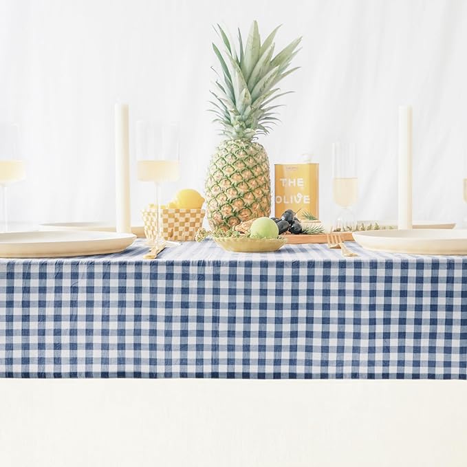 MONDAY MOOSE Gingham Checkered Farmhouse Rustic Picnic Style Decoration Rectangle Natural Stonewashed Cotton Tablecloth for Kitchen, Dining Room, Restaurant (60x102 inch, Blue/White)