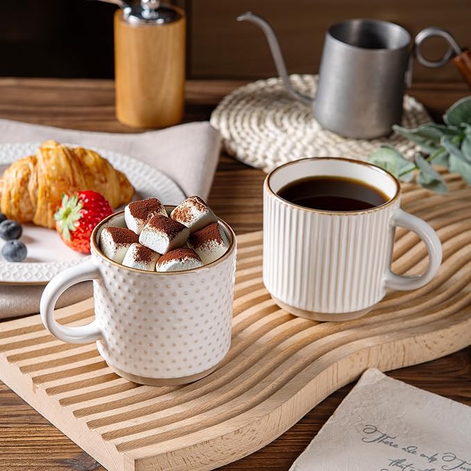 GBhome 8OZ Stackable Coffee Mugs, Ceramic Coffee Mugs with Texture Patterns for Man,Woman,Dad,Mom, Modern Coffee Cups Set of 4 for Espresso/Cappuccino. Dishwasher&Microwave Safe
