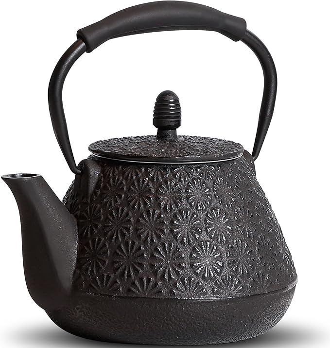 Cast Iron Teapot, 32oz Japanese Sakura Blossom Pattern Tea Kettle, Stovetop Safe, Infuser for Loose Leaf & Coffee, Silicone Handle, Enamel Interior, 950ml Black