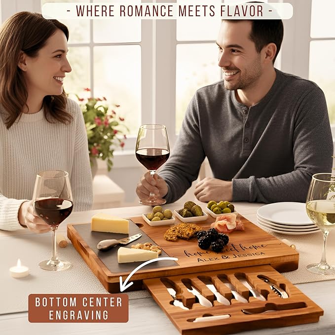 Personalized Acacia Wood Charcuterie Board Set with Stainless Steel Knives – Custom Cheese Board for Wedding, Valentines Day Gifts for Her, Housewarming, Bridal Shower, Anniversary, Women and Couples