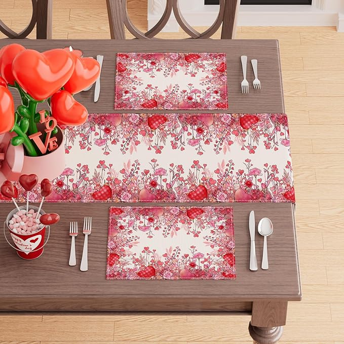 XCHI Wild Flowers Love Hearts Valentine’s Day Placemats Set of 6 Table Mats for Party Home Kitchen Dining Table Decorations 12x18 Inch