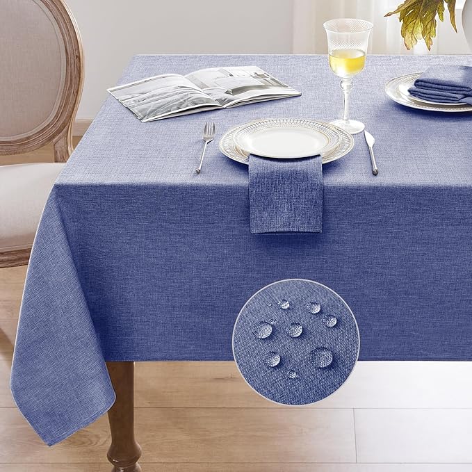 Softalker Extra Long Blue Tablecloths 60x144 inch Rectangular Faux Linen Table cloths Outdoor Waterproof Stain and Wrinkle Resistant Table Cover for 6/8/10 foot Rectangle Dining Table for Easter Party