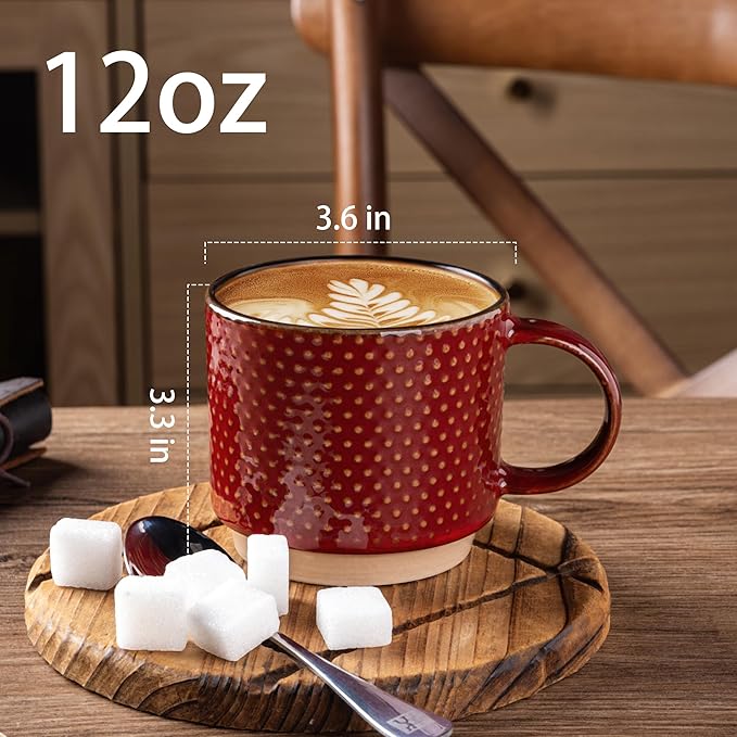 GBhome 12 OZ Stackable Coffee Mugs Set of 4, Ceramic Coffee Cups with Texture Patterns for Man,Woman,Dad,Mom, Modern Mugs Set for Latte/Cappuccino/Cocoa. Dishwasher&Microwave Safe, Red