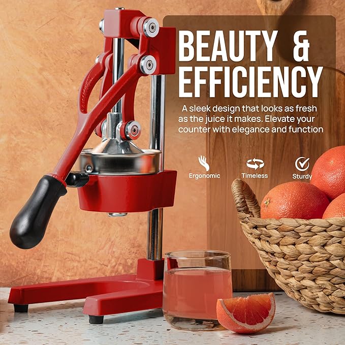 Zulay Kitchen Cast Iron Juicer - Easy-to-Clean Heavy-Duty Manual Juicer, Professional Citrus Juicer - Stainless Steel Lemon Squeezer - Manual Citrus Press & Orange Squeezer - Orange Juicer - Deep Red