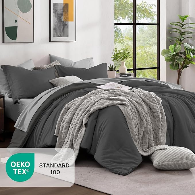 Monbix Queen Comforter Set - 7 Pieces Cationic Dyeing Dark Grey Bed in a Bag Queen Bedding Sets with Comforter, Sheets, Pillowcases & Shams, Reversible Bedding Comforters Sets
