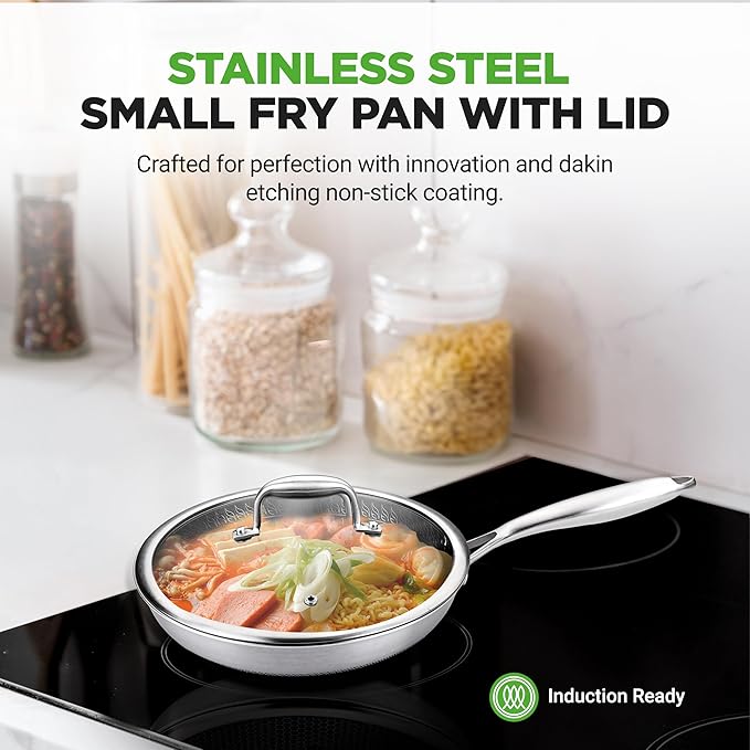 NutriChef 8” Stir Fry Pan with Glass Lid – Non-Stick Frying Pan, Triply Stainless Steel Cookware, DAKIN Etching Non-Stick Coating, Aluminum Core for Quick and Even Heat, Oven Safe, Dishwasher Safe