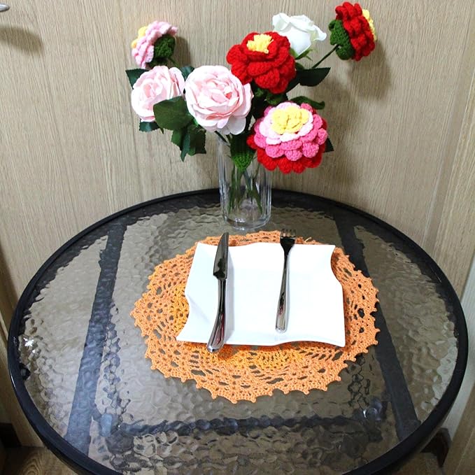 BIBITIME Lace Doilies Crochet Handmade Lace Coasters Round Placemat Rustic Table Doilies Decors for Kitchen Dining Room Party Dressers (11 inches to 12 inches,Pack of 2 PCS, Orange)