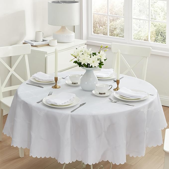 Newbridge Ribbons and Bows Damask Spring & Easter Holiday Fabric Tablecloth, White, 70 Inch Round, Wrinkle & Stain Resistant Table Cover