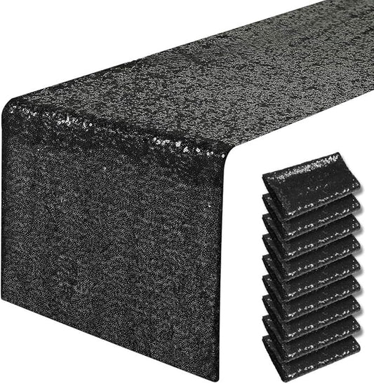 10 Packs 12 x 72 inches Black Sequin Table Runner, Glitter Runner for Birthday Party Supplies Decorations Wedding Bachelorette Holiday Celebration Bridal Shower Baby Shower
