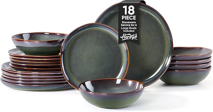 Herogo 18PCS Dinnerware Sets for 6, Stoneware Plates and Bowls Dish Set, Irregular Handmade Dinner Ware Dishware for Kitchen Dinning, Microwave & Dishwasher Safe, Lichen Green