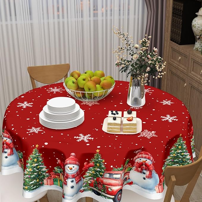 Round Christmas Tablecloth 60 Inch Xmas Red Snowman Truck Tree Snowflake Circle Table Cloth Winter Holiday Decorative Table Cover for Kitchen Dinner Home Decor