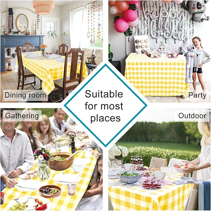 Hiasan Checkered Tablecloth Square, 70 x 70 Inch - Waterproof & Wrinkle Resistant Spring Table Cloth for Picnic, Dinner and Party, Washable Polyester Fabric, Yellow and White Gingham Pattern