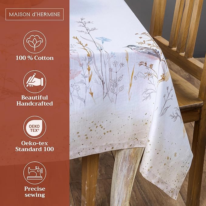 Maison d' Hermine Table Cloth Rectangle Table 100% Cotton 60 x 108 Inches Tablecloth Reusable Decorative for Dining Room Farmhouse Home Valentines Day Decorations Spring Summer- Meadow Florals - Beige