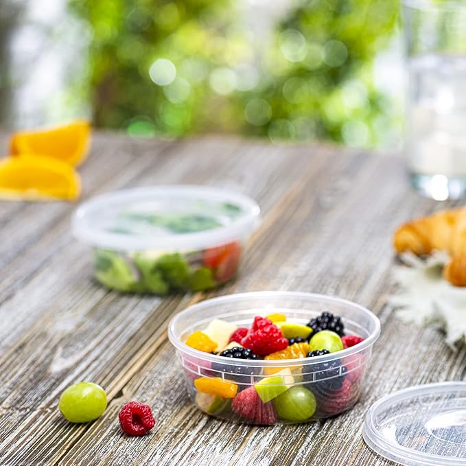 8 OZ - 24 Sets Plastic Deli Food Storage Containers with Airtight Flexible Lids Microwavable, Leak Free, Washable, Freezer Safe.