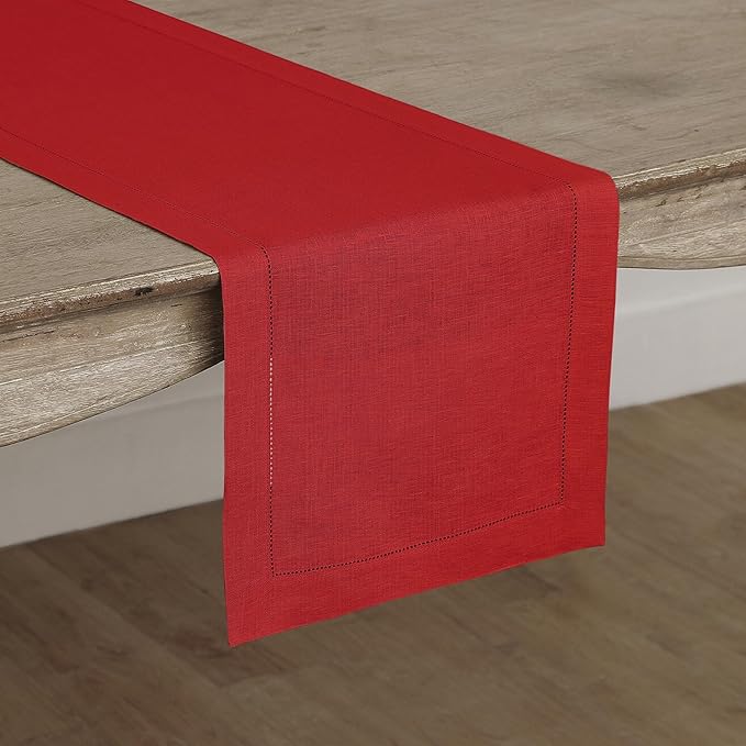 Solino Home Linen Red Table Runner 120 Inches Long - 100% Pure Linen 14 x 120 Inch Table Runner for Valentines, Winter - Classic Hemstitch
