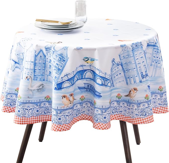 Maison d' Hermine Table Cloth Round Table 100% Cotton 69 Round Inches Tablecloth Reusable Decorative for Dining Room Farmhouse Home Valentines Day Decorations Spring Summer - Amsterdam Canals