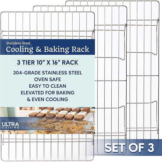 Ultra Cuisine Heavy Duty 3 Tiers Stackable, 16" x 10" Cooling Rack for Cooking and Baking - Professional Grade Premium 100% Stainless Steel Baking Rack & Wire Cooling Mesh - Dishwasher Safe - Pack 3