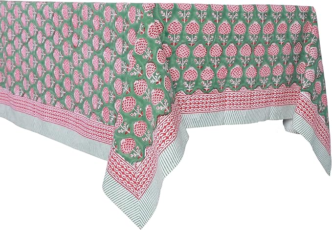 ATOSII Roma Green 100% Cotton Square Summer Tablecloth, Block Print Floral Table Cloth for Dining, Parties Wedding Outdoors I Grand Millenial Decor 60 X 60 Inches I 4 Seater I