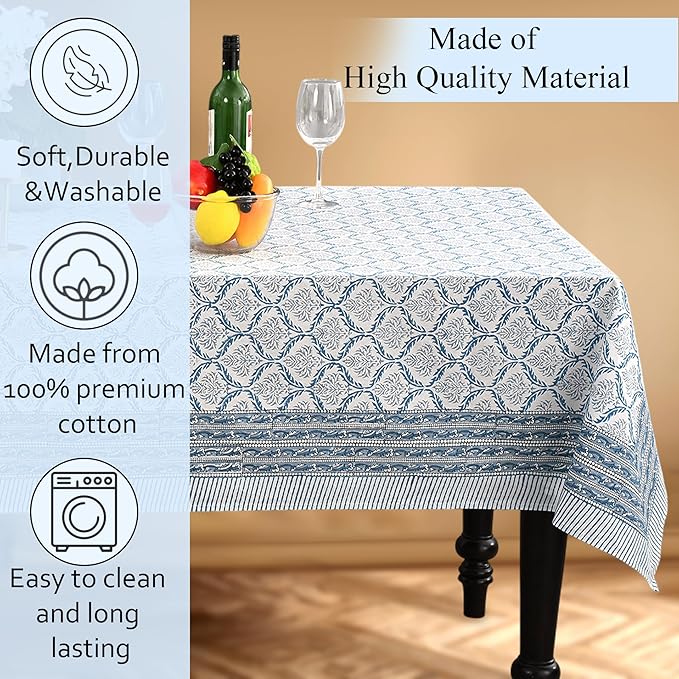 CPC Indigo Regal Tablecloth 100% Cotton 80x120 Inch Indian Block Print Rectangle Table Cover, Table Cloth for Gifting in Weddings, Halloween, Fall, Christmas, Thanksgiving