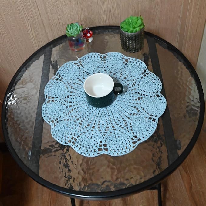 BIBITIME Round Flower Lace Doilies Vase Mats Kitchen Tablecloth Dish Plate Mat Handmade Crochet Table Doily Placemats (Light Blue, 11.8 in to 13.8 in,2PCS)