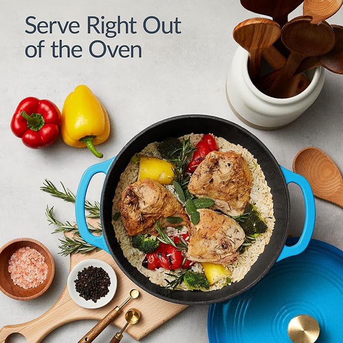 Best Choice Products Non-Stick Pot & Pan Cookware Set, Cast Iron, 2Qt Skillet W/Lid, 10" Grill Or Griddle Pan W/Press, 6Qt Enameled Dutch Oven, Non-toxic, For Cooking & Grilling - Blue