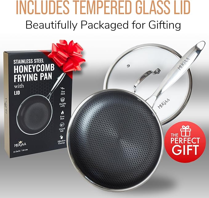 12” Non-Stick Stainless Steel Frying Pan with Lid | Honeycomb Hybrid Skillet for Induction, Gas & Electric Stovetops | Oven Safe, Dishwasher Safe | Premium Gift Packaging