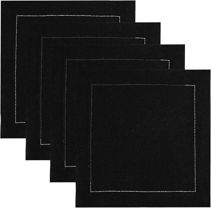 Solino Home Linen Square Placemats Set of 4-100% Pure Linen Black Cloth Placemats 14 x 14 Inch - Classic Hemstitch, Machine Washable Place Mats for Winter, Spring, Easter