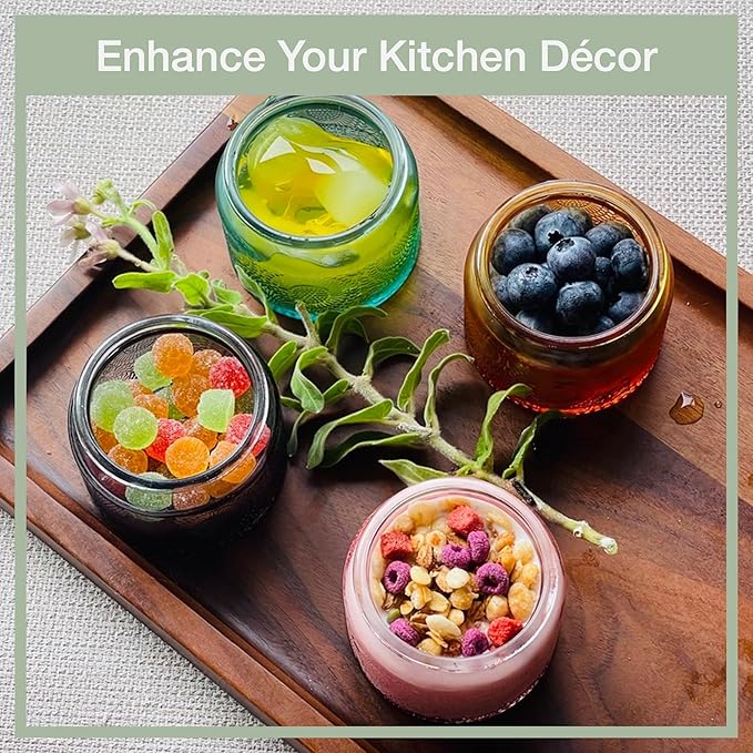 4 oz Colored Mini Glass Jars with Airtight Bamboo Lids 24 pack, Decorative Small Food Storage Canister, Vintage Embossed Home Décor Candle Parties Wedding Baby Shower Favors Gift