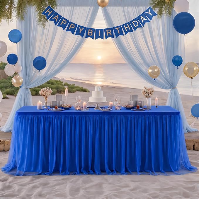 Suppromo Royal Blue Tulle Tablecloth for 4 Foot Rectangular Tables, 48 x 24 Inch White Rectangle Table Cloth, Wrinkle Free Table Cover with Tutu Skirt for Wedding Birthday Party Banquet Tablecover