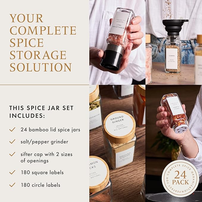 Glass Spice Jars with 360 Labels -24 pcs- 4oz- Spice Containers with Bamboo Lids -Shaker Lids- Pepper Grinder-Spice Organization for Cabinet-Drawer-Rack-Seasoning Organizer-Square bottles
