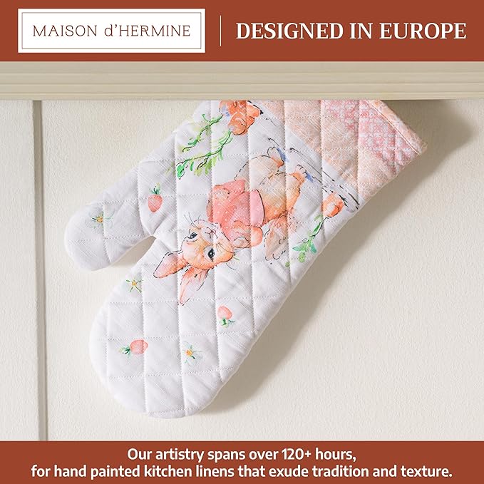 Maison d' Hermine Oven Gloves 100% Cotton Oven Mitt 7" x 13" with Loop Heat Resistant, BBQ, Cooking Gloves, Baking, Grilling, Kitchen, Handling Hot Pans Spring/Summer (Pack of 1, Bunny Party)